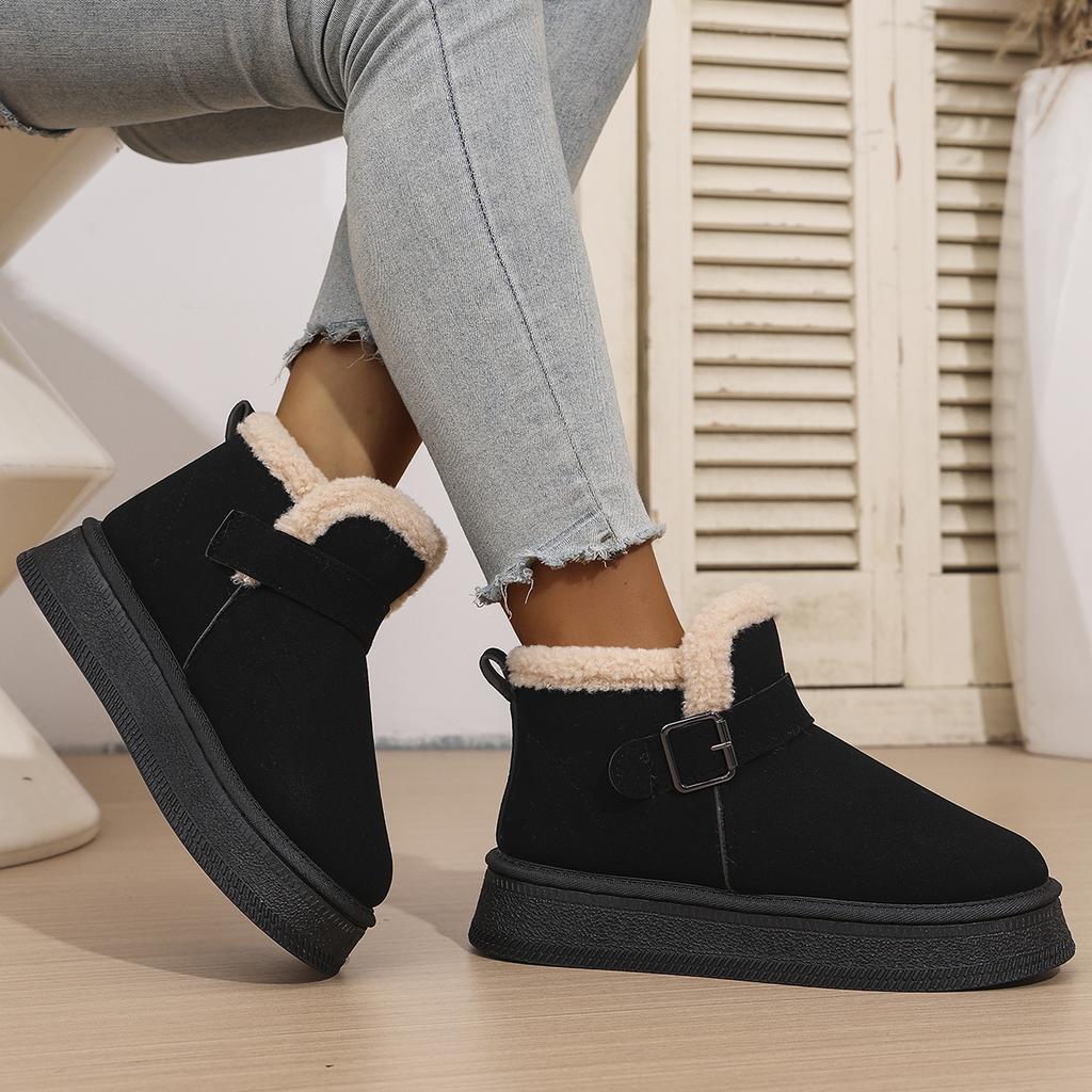 Suede Metal Buckle Wool Protective and Non-slip Platform Warm Cotton Boots Flat Snow Boots Winter New Round Toe Deep Mouth Shoes