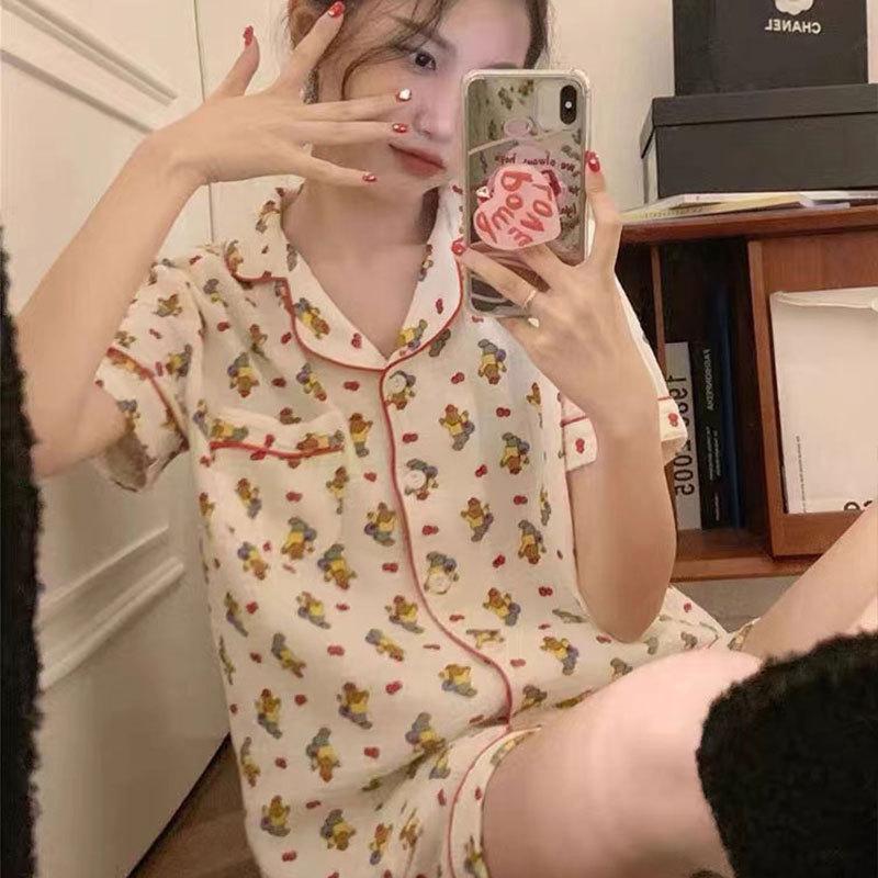 Can Wear Pajamas Women's Summer Cute Cartoon Bear Cotton Short-sleeved Cardigan Loungewear Women's Suit