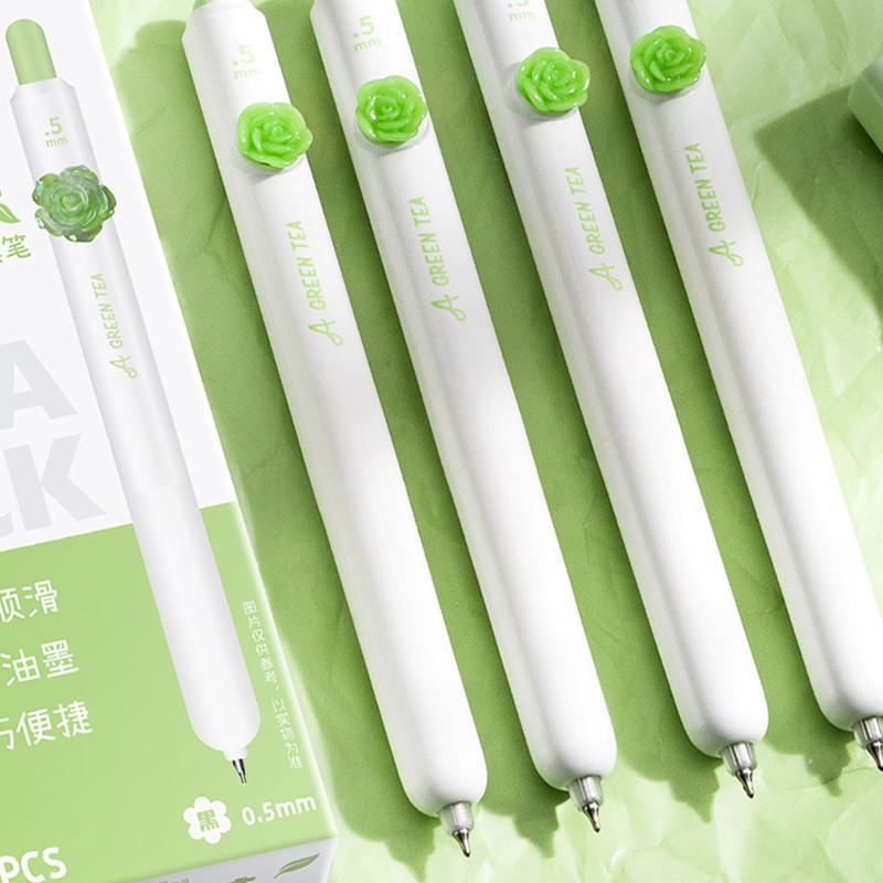 

4pcs Romantic Safflower Press Gel Pen Set Green Tea Flower Office School Writing Neutral Pen Multi-functional Signature Pen зелений