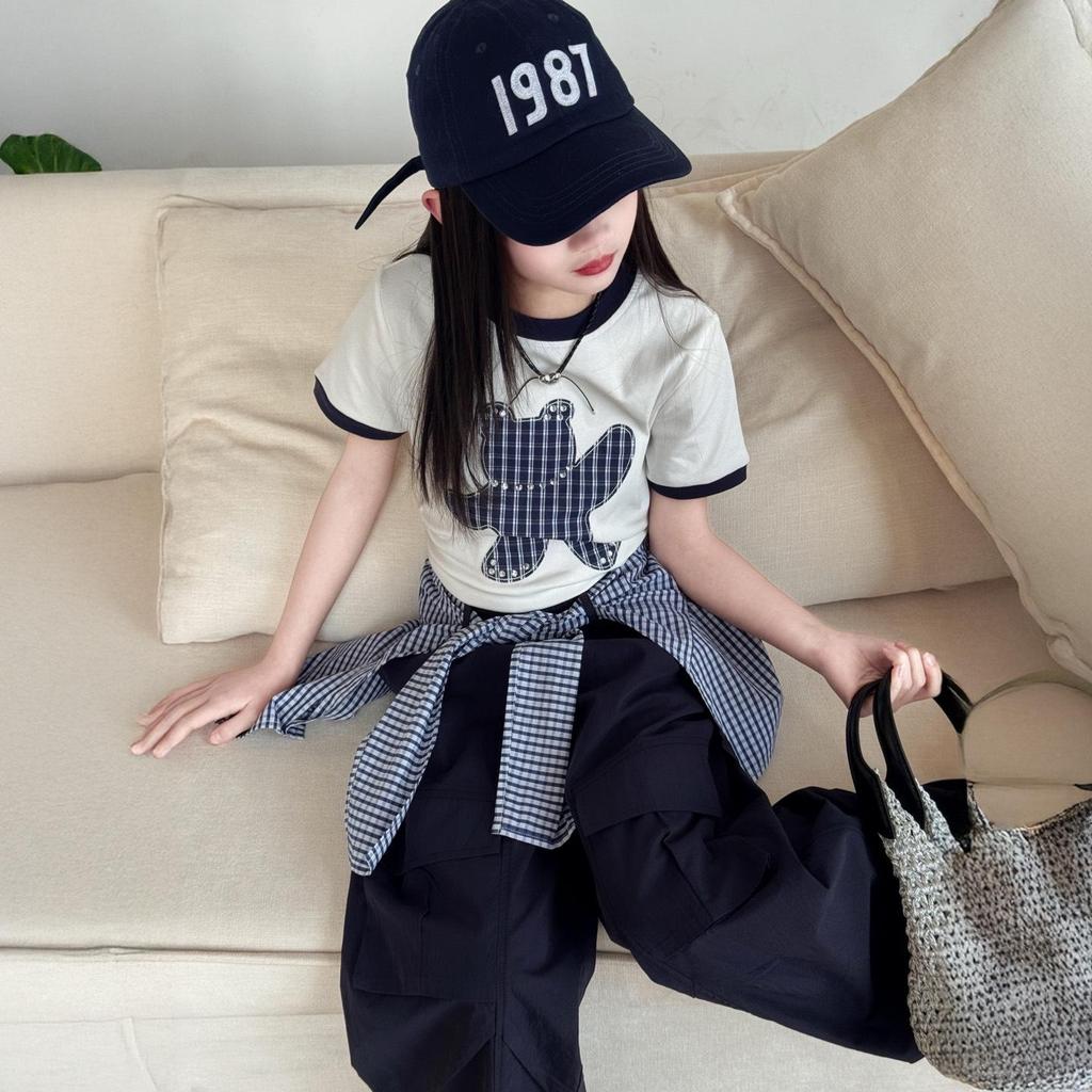 Korean Style Girls' Cartoon T-shirt & Cargo Plaid Bloomers Set - Trendy Summer Outfit