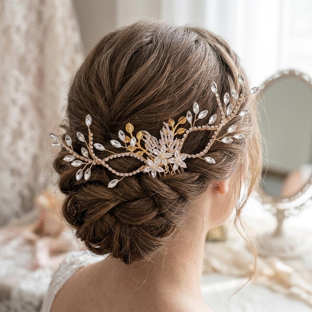 Pearl Leaf Hair Comb Alloy Base With Hand-made Decoration For Wedding