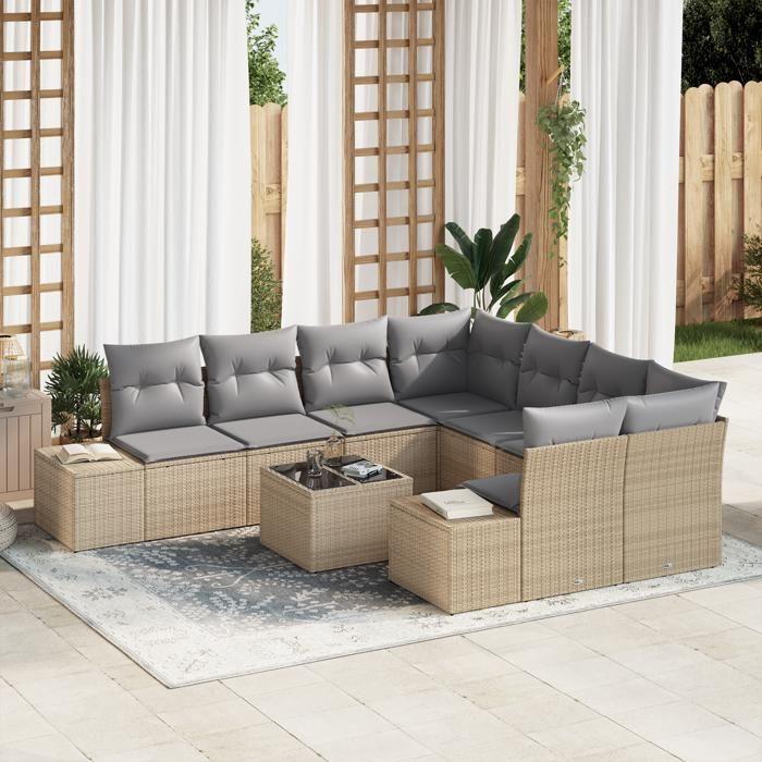 VidaXL Ensemble de Canapés de Jardin 9 Pièces avec Coussins Beige Poly Rattan 3347000