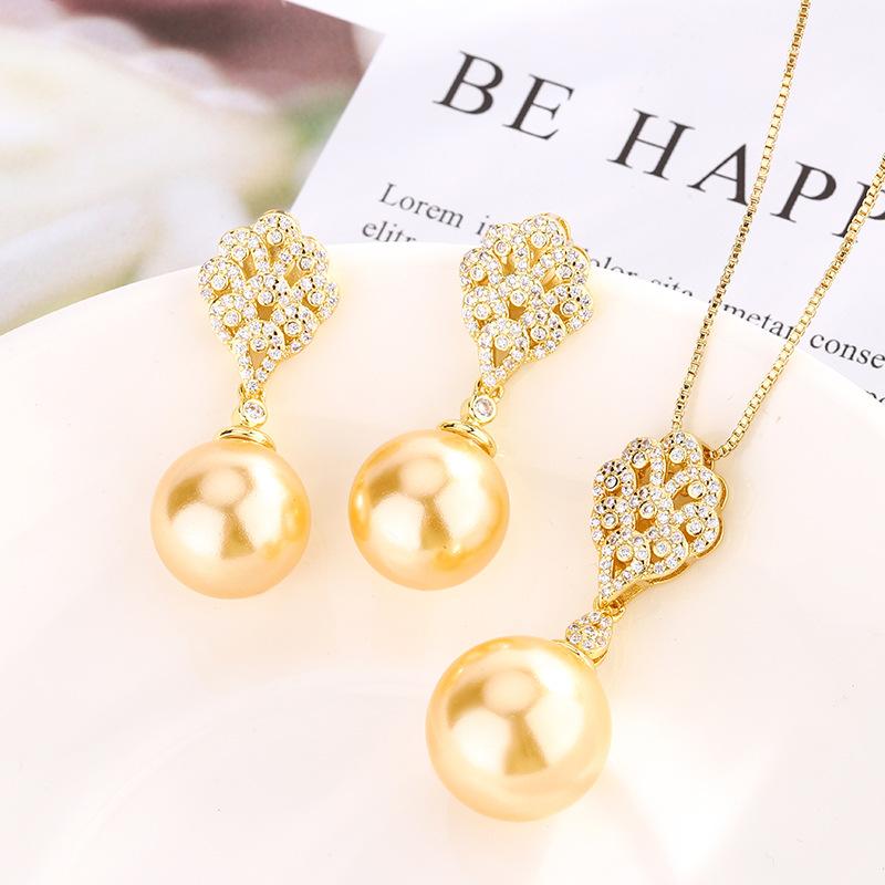Jewelry Copper Bottom Gold-Plated Inlaid Gold Pearl Temperament Set Female 14Mm