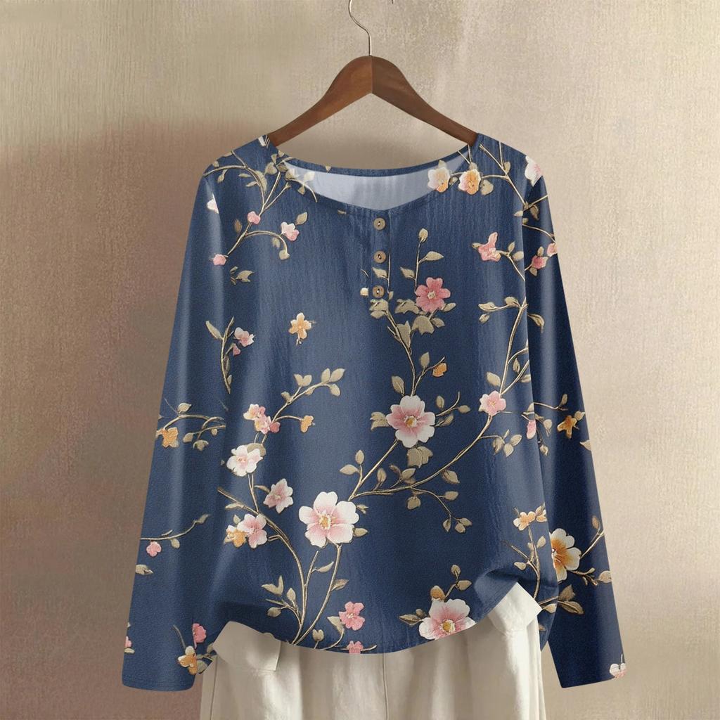 Women's Fashionable And Casual Shirt Long Sleeve Round Neck Solid-color Cotton And Linen Blouse Top