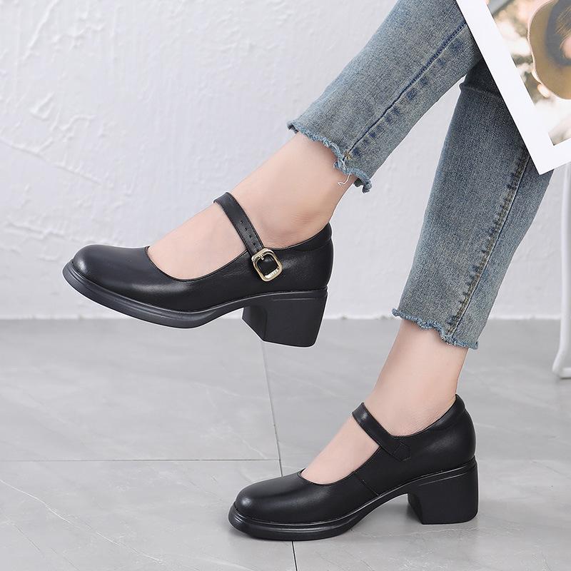 Echte Leren Schoenen Dames Pumps met Ronde Neus Comfort Koeienleer Hoge Hakken Schoenen Mode Ondiepe Mond Zachtzool Moeder Schoenen