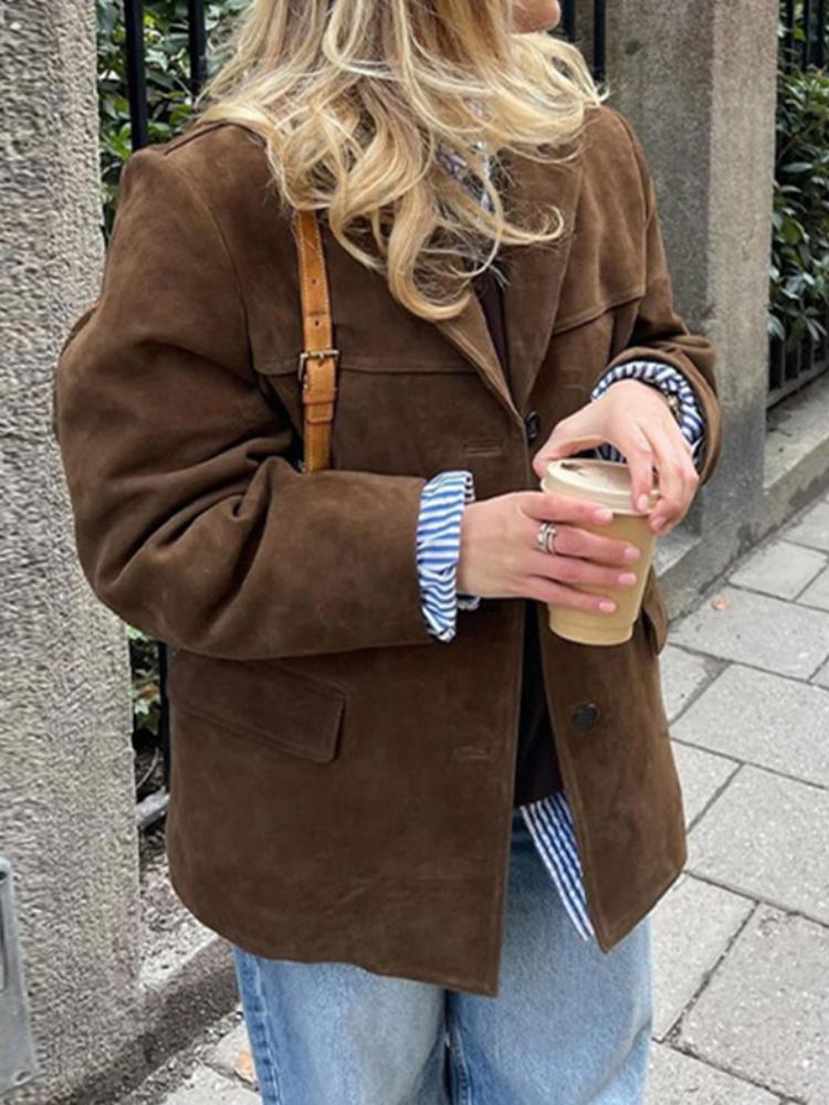 French Chic Vintage Jacken High Sense Damen Casual Loose Revers Einreiher Oberbekleidung Herbstmode Lange Ärmel Retro Braun Mantel