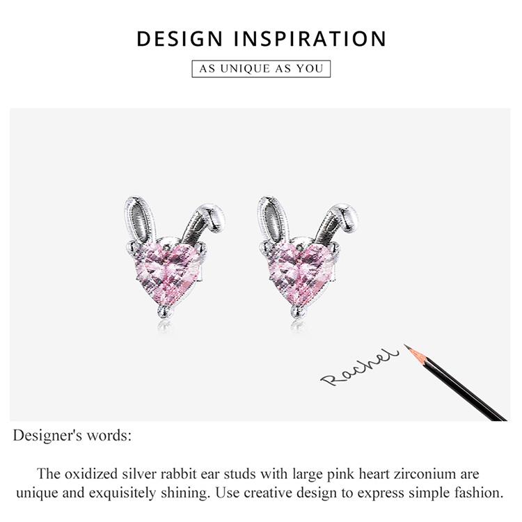 WOSTU Pendientes de plata de ley 925 con forma de orejas de conejo y liebre, con circonita y corazón rosa, para mujer.