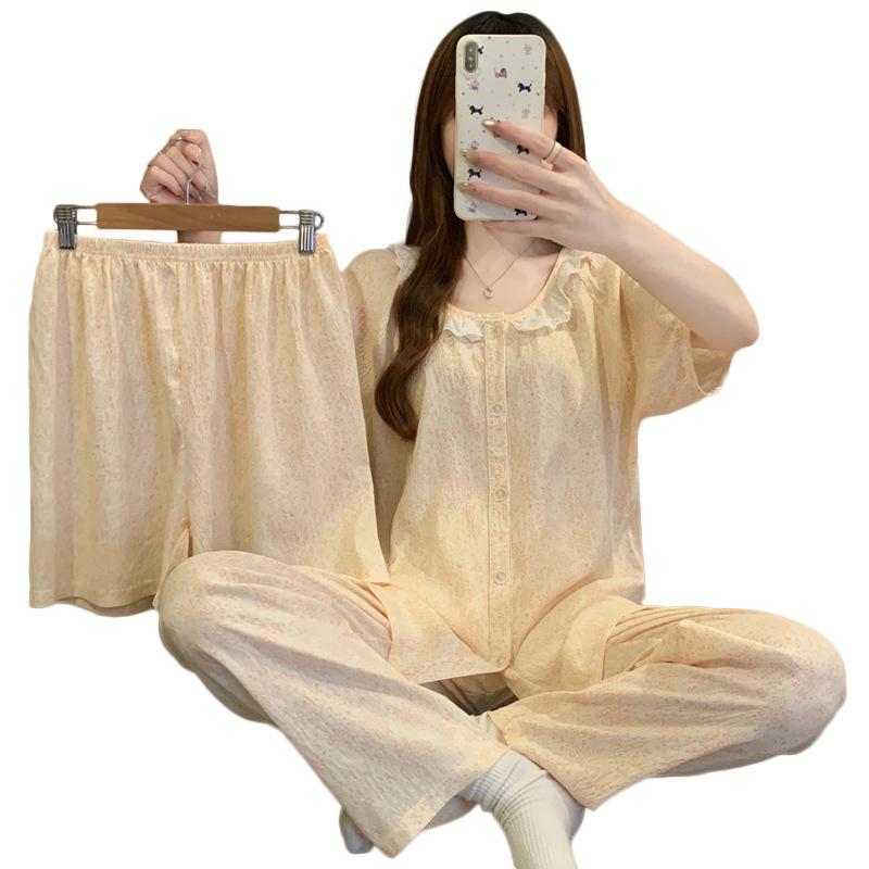 Cute Lace Round Neck Floral Short-Sleeved Pajamas Women'S Summer Pastoral Cloud Cotton Loungewear Three-Piece Set