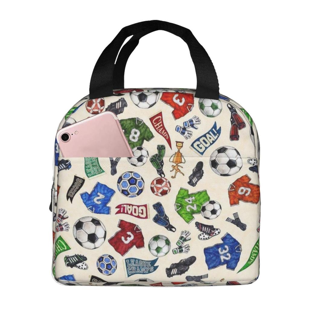 Fútbol Elemento Deportivo Patrón Deportivo Bolsa de Almuerzo Aislada para Mujeres Niños Portátil Cajas de Comida Lonchera Térmica Bolso Tote