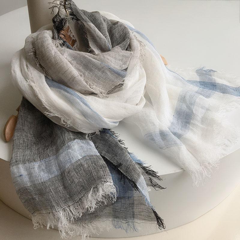 Japanese Simple Gray And White Color Matching Linen Scarf Casual Rough Edge Cotton And Linen Shawl, Warm Autumn And Winter Versatile Silk Scarf