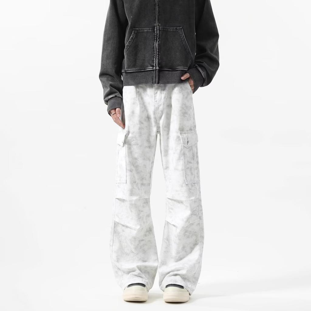 JYL Men's Cargo Pants Marble Pleated Paratrooper Winter Vintage American Denim