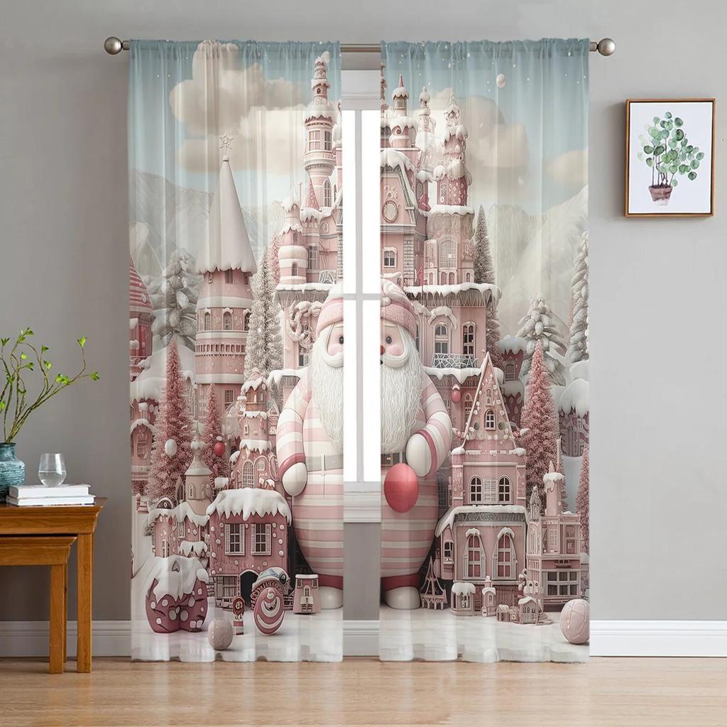 Vánoční sněhulák sněhová scéna růžový dům okno tylové záclony do obývacího pokoje kuchyně vánoční domácí dekorace průsvitné voálové záclony