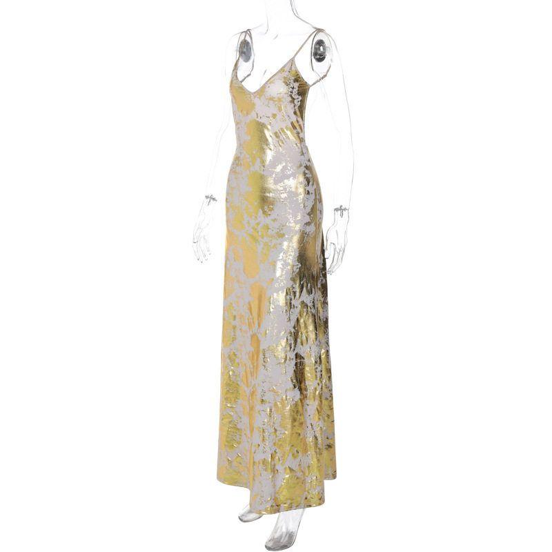 

Amazon Cross-Border Women s Clothing 2025 Summer New Fashion Sexy Backless Gold-Stamped Strap Dress Foreign Trade Gold XS
