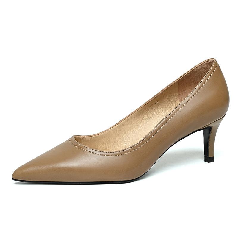 Spring new pointed head shallow mouth thin heel leather shoes tire cowhide white collar work high heels versatile women's shoes