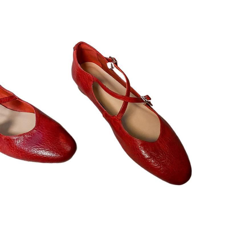 Washed cowhide~ Red ballet shoes retro leather cross-strap Mary Jane shoes women's round head shallow mouth flat-soled single shoes