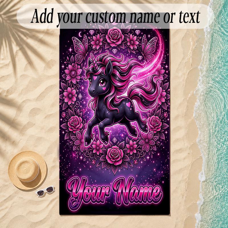 Unicorn Theme Soft Beach Towel Personalized Custom Name Text Towel Portable for Beach Pool Travel