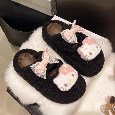 Non-slip Fluffy Drag High-value Princess Cute Temperament Hello Kitty Fluffy Slippers Autumn and Winter Outer Wear Thick Bottom