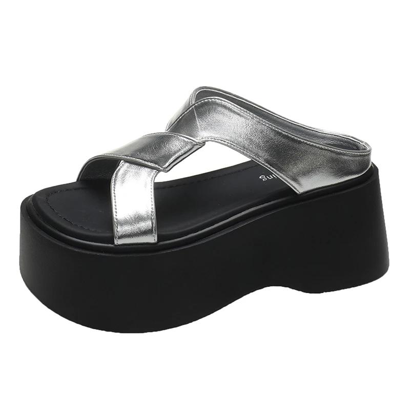 

Летние женские тапочки, пляжные шлепанцы, женские туфли из толстой кожи, босоножки на танкетке, женские тапочки на высокой платформе 8 см 39 серебряный