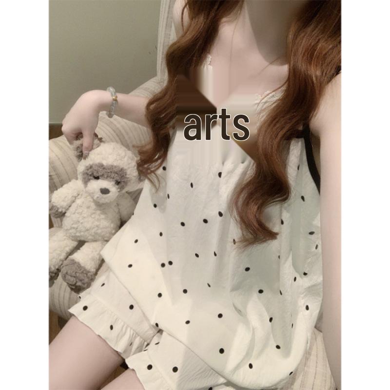 Korean Style Petite Women's Pajama Set with Chest Pads and Sweet Bow Summer Camisole, Suitable for Outdoor Wear