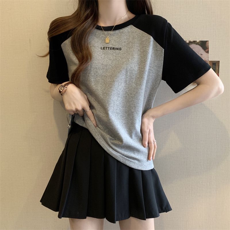 Tričko s krátkým rukávem Dámské Vintage Harajuku Šedý svetr Mikiny Tenký top s kulatým výstřihem Retro Patchworková trička