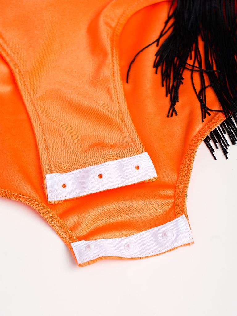 Girls Color Block Gymnastics Leotard with Mock Neck & Keyhole Back, Shiny Rhinestones & Tassels for Dance & Figure Skating