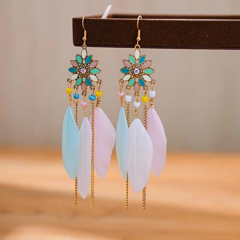 Boho Ethnic Colorful Feather Earring For Women Bohemian Tassel Chain Drop Dangle Earring Girls Elegant Party Jewelry