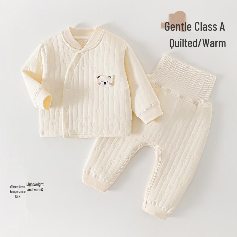 Newborn Quilted Three-Layer Pajama Set: High-Waist, Partial Opening Belly Protection Top & Pants for Autumn