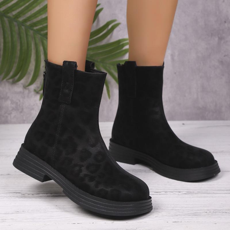 European and American foreign trade large size short leather cowboy boots women's cross-border leopard print rear zipper thin knight Martin boots
