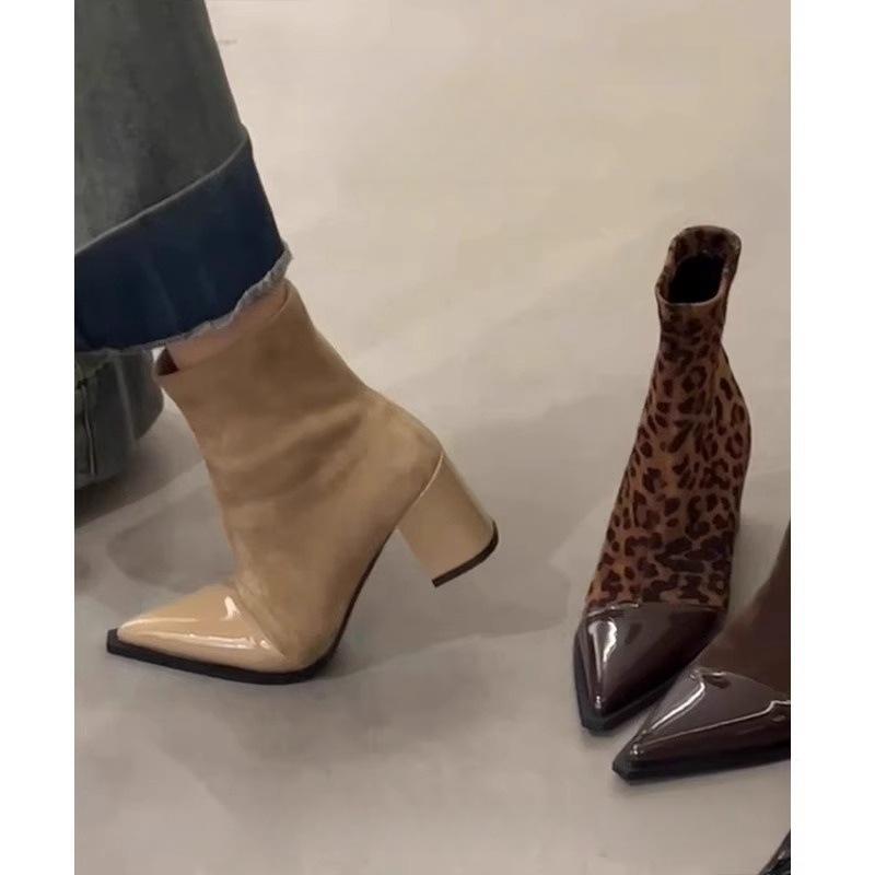 Soft leather version~ French thin elastic short boots women's small fragrant style splicing pointed thick heel thin boots high heel thin boots