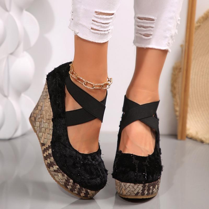 Fashion Shoes Female 2025 Fashion Retro Women's Platform High Heels Round Toe Super High Wedge Pumps Plus Size Shallow Elastic Band