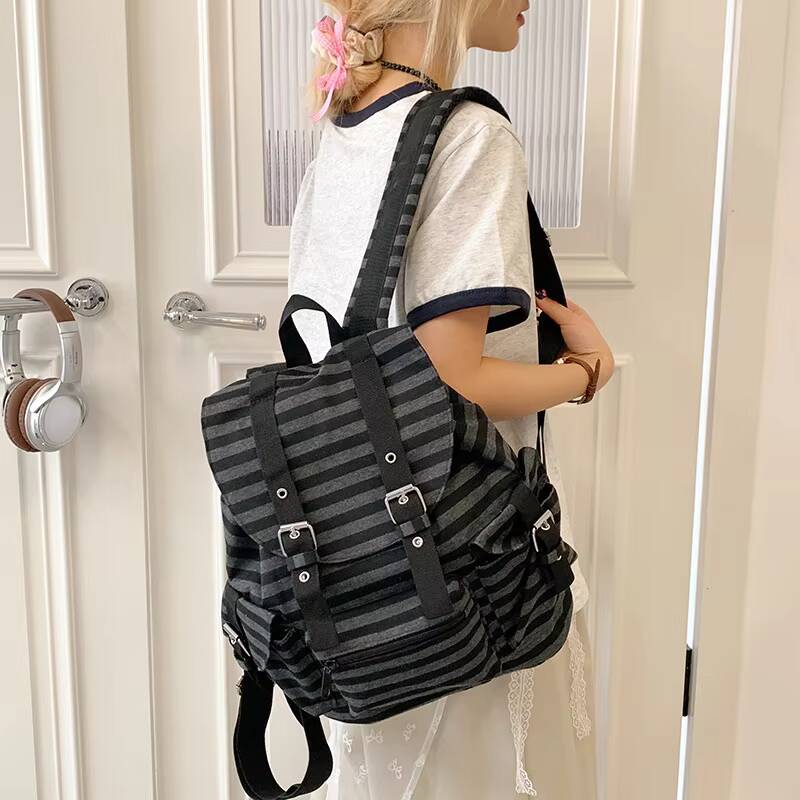 New Y2K Korean Striped Drawstring Backpack Fashion Women'S Kpop School Bag Rucksack Large Capacity Versatile Knapsack Travel Bag