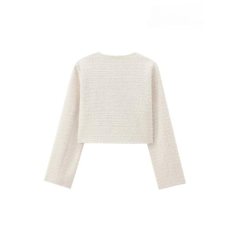 Women's Tweed Crop Jacket with Golden Buttons O Neck Long Sleeve Coat Female Outerwear