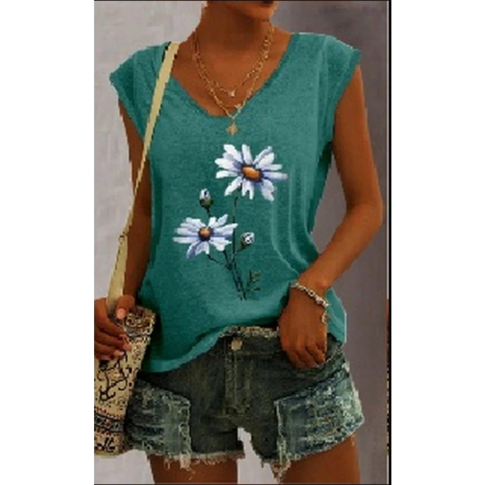 Summer Women 5 Color Ladies Fashion Floral Print Casual Tank Top Loose Sleeveless Tank Top V Neck Female T Shirt