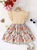 Girls Floral Print Dress with Bow, Ruffle Sleeve Ribbed Bodice Casual Summer Outfit