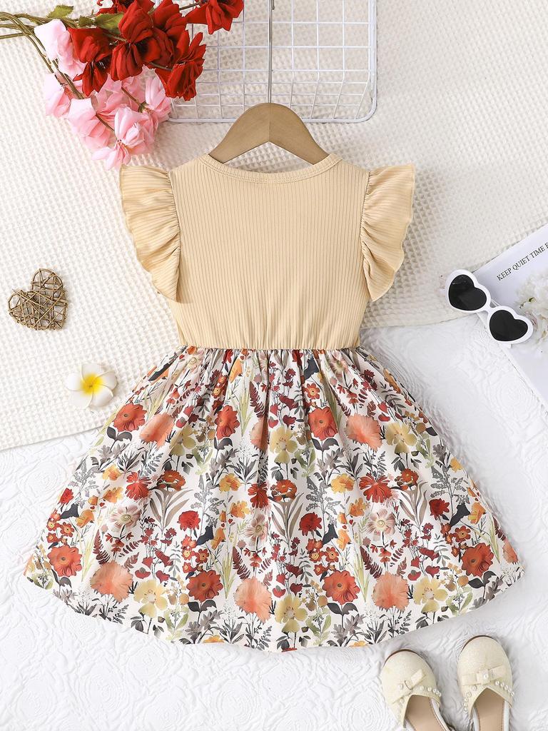Girls Floral Print Dress with Bow, Ruffle Sleeve Ribbed Bodice Casual Summer Outfit