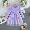 Toddler Girl Long Sleeve Bow Tulle Dress Autumn Fashionable Princess Party Gown For Little Kids