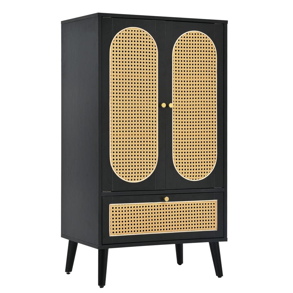 Kommode 2 Türen 1 Schubladen, Modern Highboard Küchenschrank aus Holz Rattan Türen, Schlafzimmer & Wohnräume & Büro, Schwarz, 60 x 40 x 110,5 cm