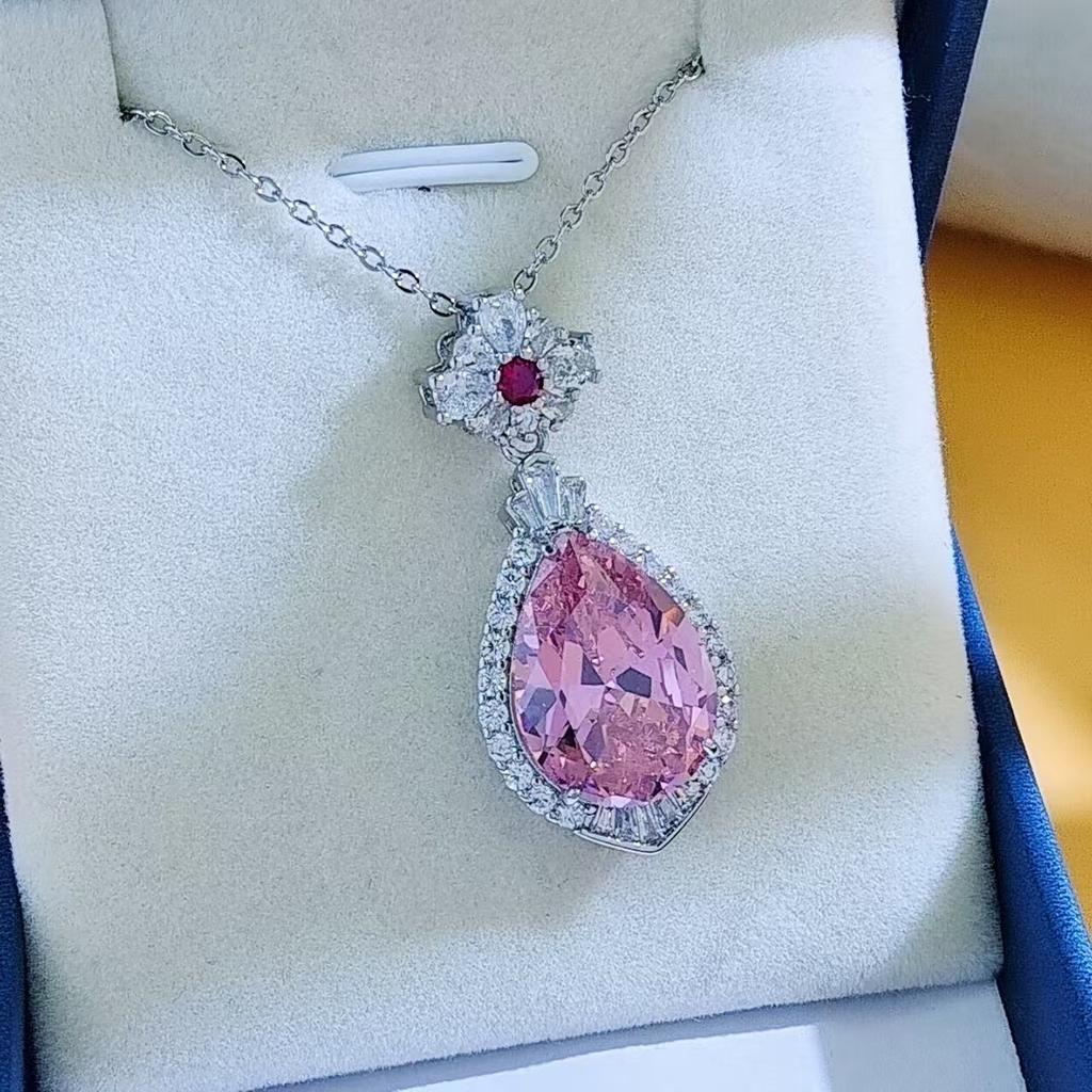 Jewelry Pink Diamond Large Water Drop Gem Pendant Necklace Morgan Pink Amethyst Water Drop Collarbone Chain