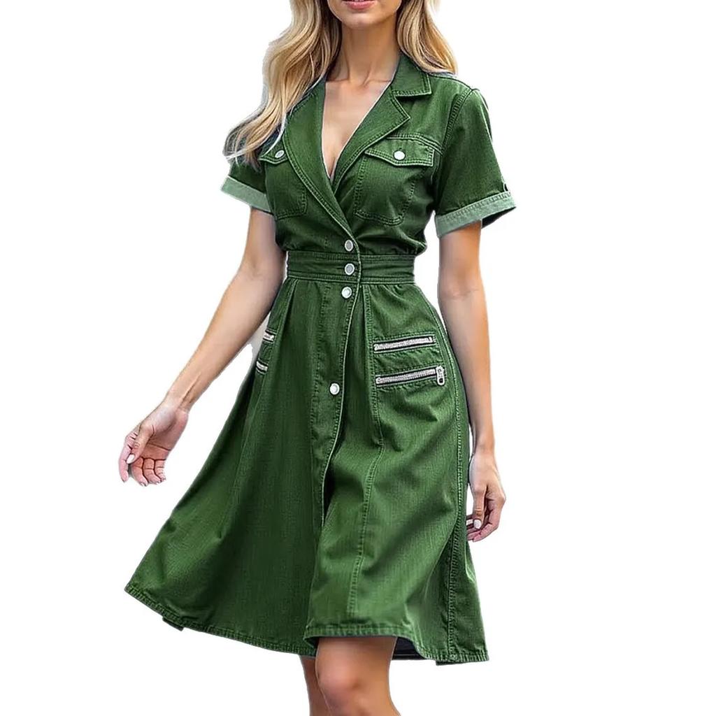 Streetwear Džínové Šaty Letní Oblečení Dámské Sklápěcí Límec Krátký Rukáv Džínové Šaty Vintage Kovbojské Džínové Dlouhé Šaty Vestidos