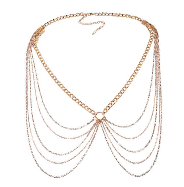 Fashion geometric waist chain women's metal rhinestone chain multi-layer fringed body chain trend