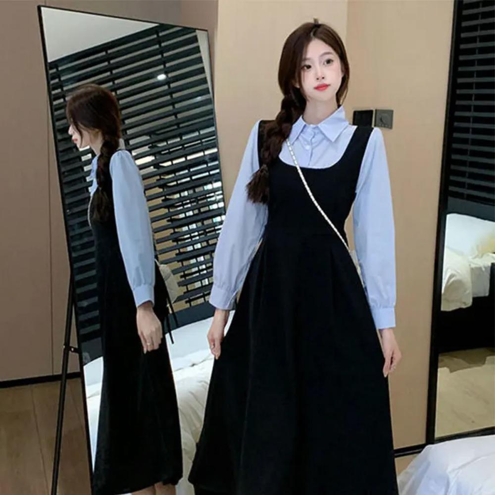 Patchwork Square Neck Long Sleeve Fake Two PieAes Dresses Elegant Fashion Harajuku Female Clothes Casual Sweat All Match Skirt