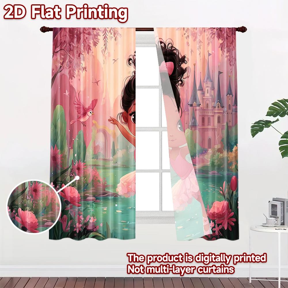 2D Flat Printing 2pcs Curtain Curtains Spring Fairy Ballet Digital Printed Polyester Drapes Holiday Decorations for Bedroom
