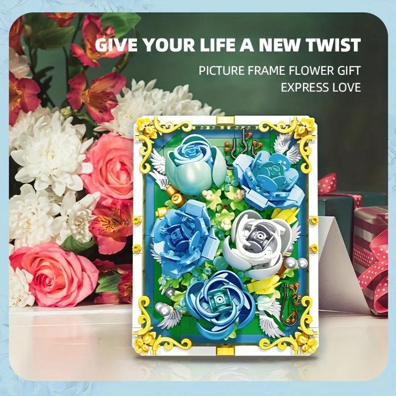 651PCS Preserved Flower Photo Frame Building Blocks Blue White Rose 3D Puzzle Toy DIY Model Bricks Flower Kids Holiday Gifts