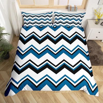Geometric Modern Duvet Cover King Queen Black Gray Blue Comforter Cover with 2 Pillowcases Retro Stripes Geometry Bedding Set
