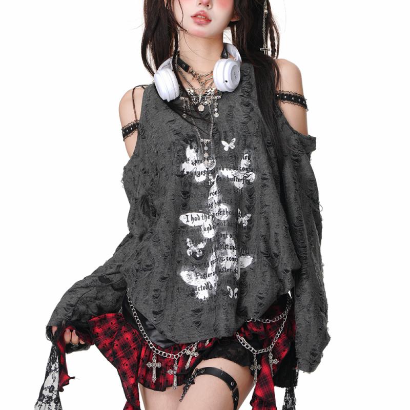 

Футболки в стиле панк-гранж для женщин с открытыми плечами, сексуальные, кружевные, готические, уличная одежда 2000 года, японские рваные футболки с длинным рукавом, Harajuku XL серый