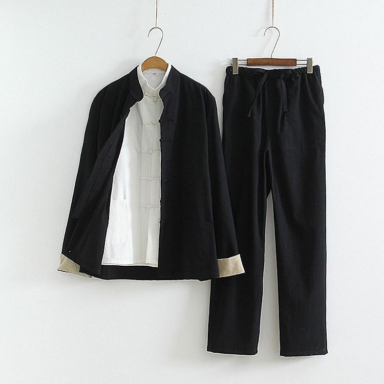 Herren Chinesischer Tang-Anzug: Frühlings-/Herbst-Baumwoll-Leinen-Set mit Froschknöpfen - Retro Mönch Teezeremonie Hanfu Robe.