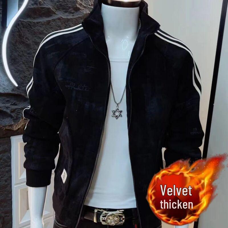 Autumn/Winter 2025 Men s Zipper Cardigan Coat - Thick Warm Velvet, Trendy Versatile Casual Top L чёрный