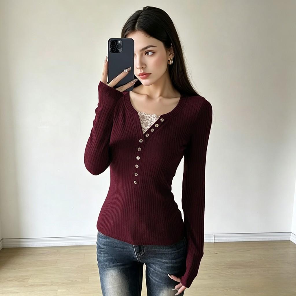 Camicetta Retro con Bordi in Pizzo e Design Spliced per Streetwear Casual