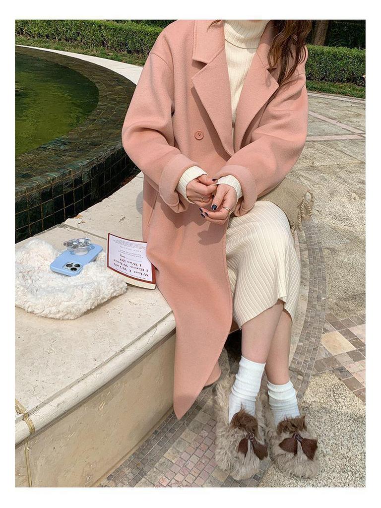 Women's Hepburn Style Korean Pink Wool Coat - Mid-Length, Autumn/Winter 2025 Collection, Petite Fit, High-End Feel