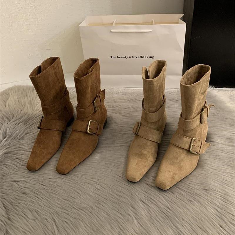 2025 Korean version of the new niche design retro French short boots small pointed western boots suede medium boots women's boots